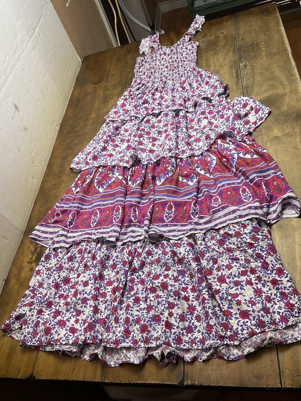 Abel The Label Floral Smocked Tiered Maxi Dress Boho Rayon Size XS
